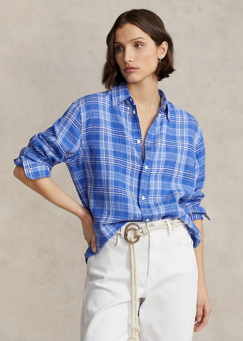 Camisas Polo Ralph Lauren Mujer Relaxed Fit Plaid Linen Chile Azules ZJUMP-1897